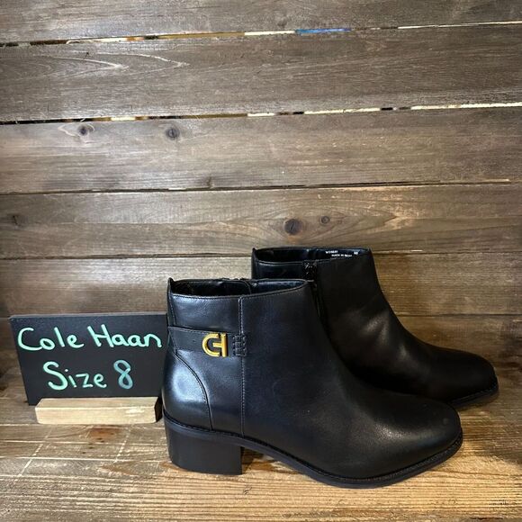 New Womens Cole Haan Holis Black Leather Buckle Ankle Dress Boots Bootie Size 8 - Picture 1 of 6